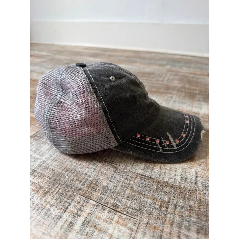 Katydid Gray Distressed Y2K Pink Rhinestone Embellished Cross Baseball Cap
